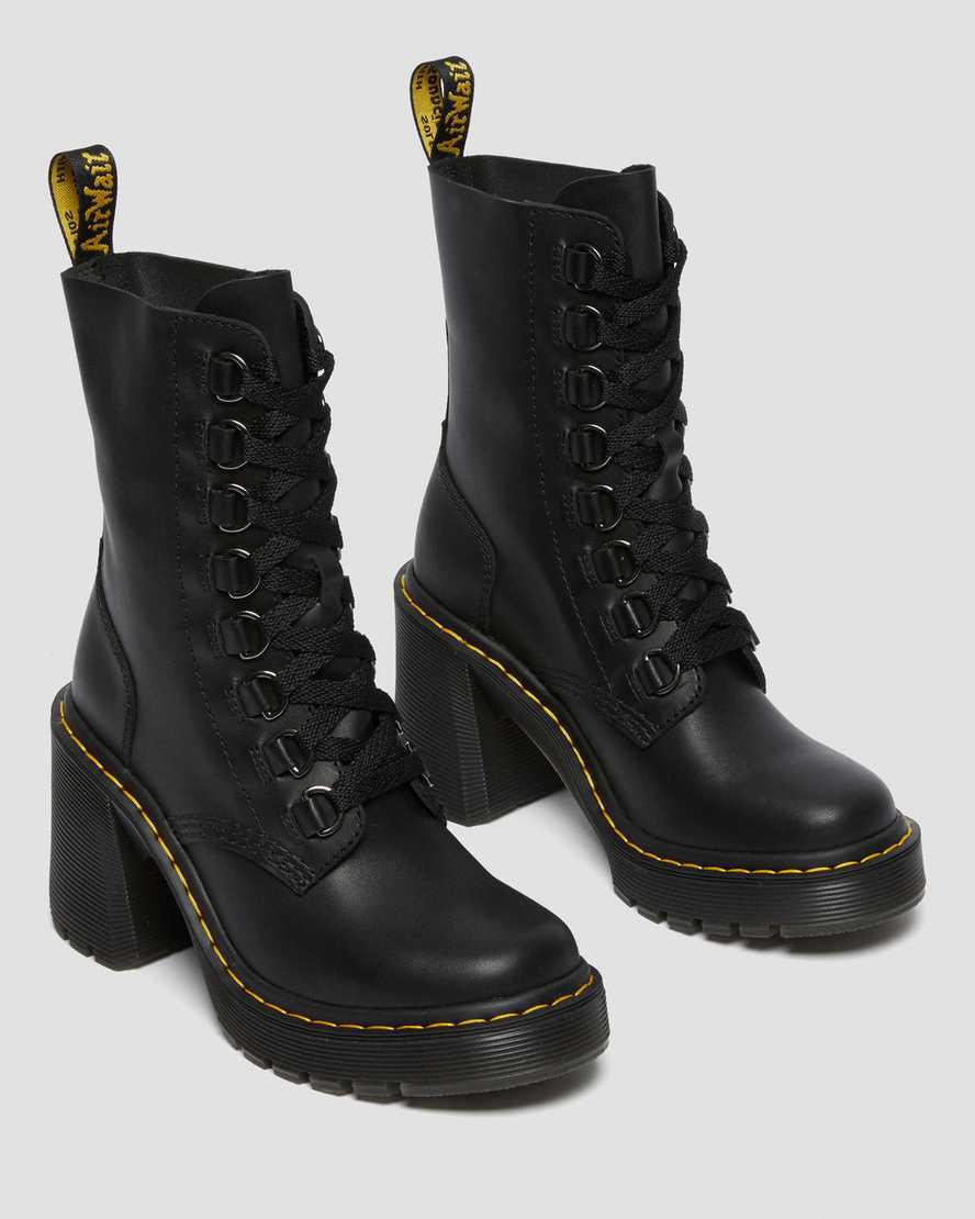 Botas de Tacon Dr Martens Chesney Leather Flared Lace Up Mujer Negras  España |  27185-LHDT