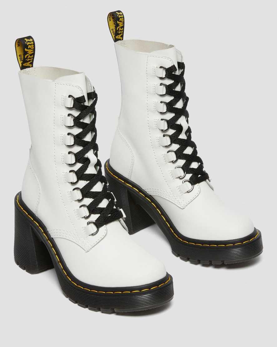 Botas de Tacon Dr Martens Chesney Leather Flared Lace Up Mujer Blancas  España |  56097-ODRC