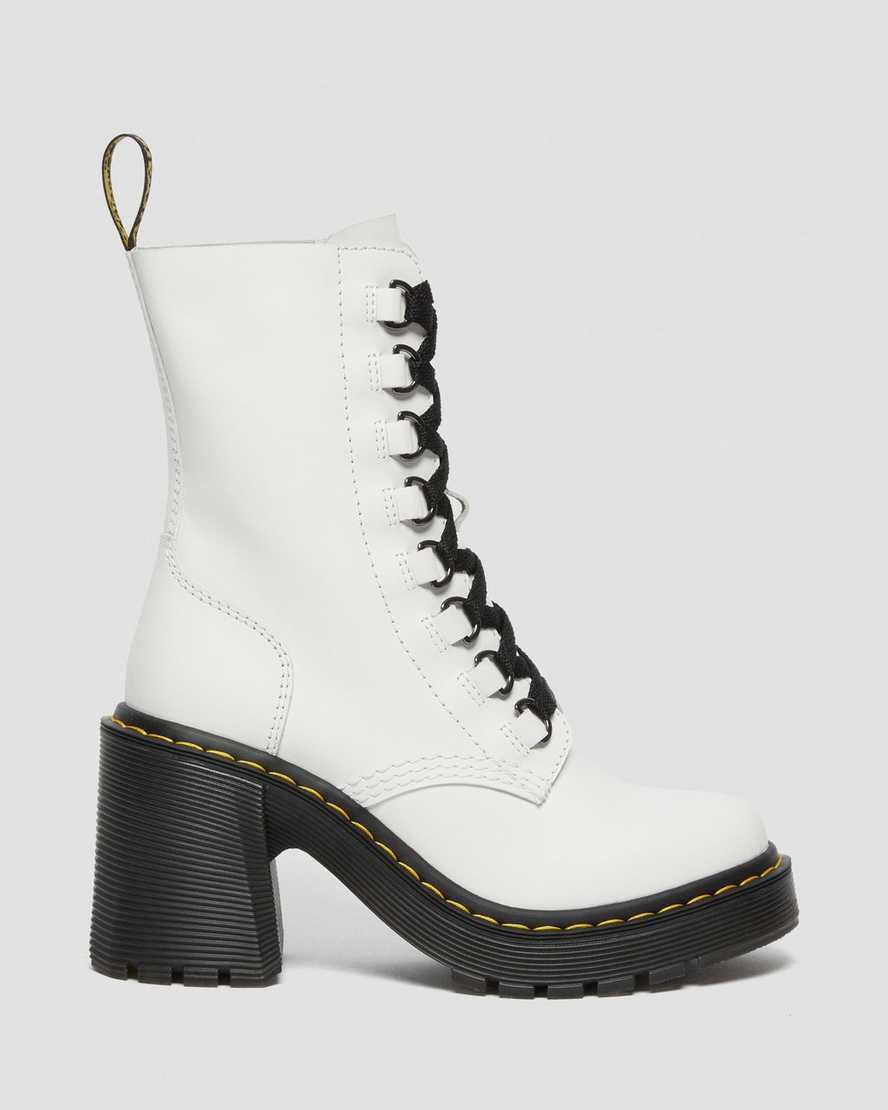 Botas de Tacon Dr Martens Chesney Leather Flared Lace Up Mujer Blancas  España |  56097-ODRC