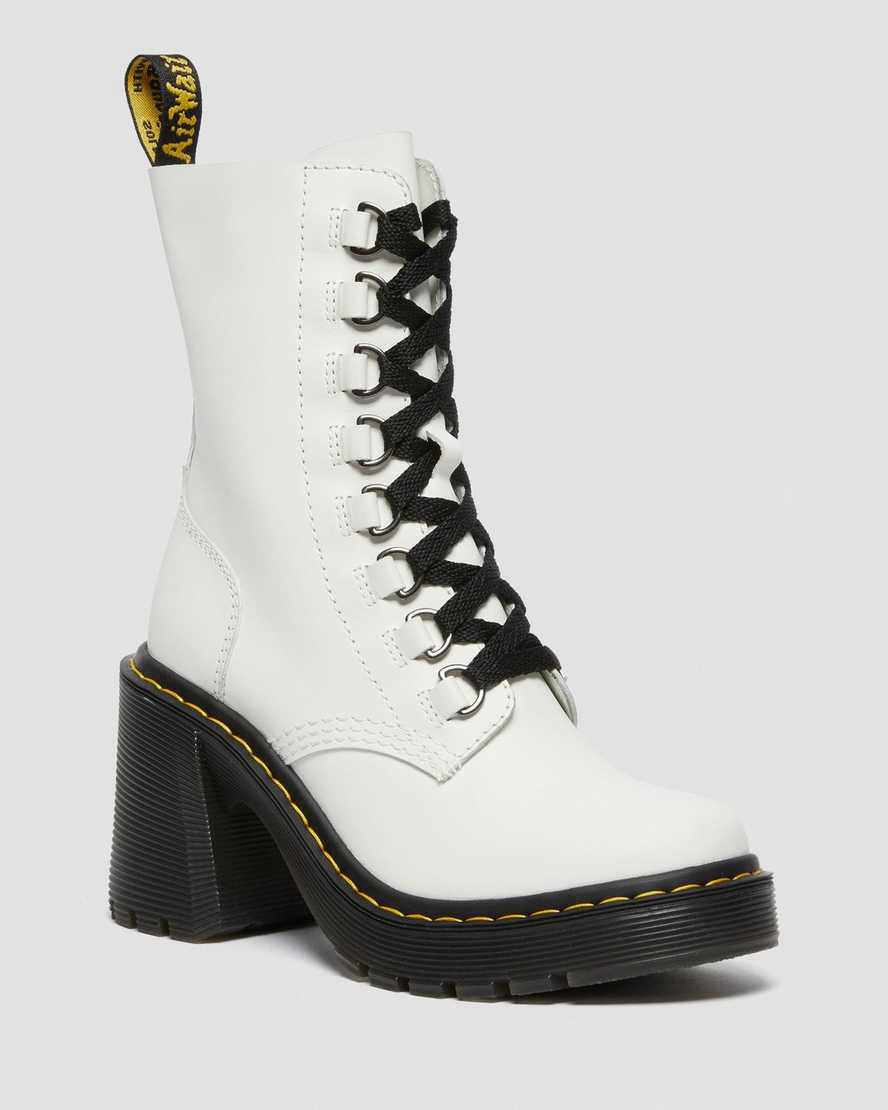 Botas de Tacon Dr Martens Chesney Leather Flared Lace Up Mujer Blancas  España |  56097-ODRC
