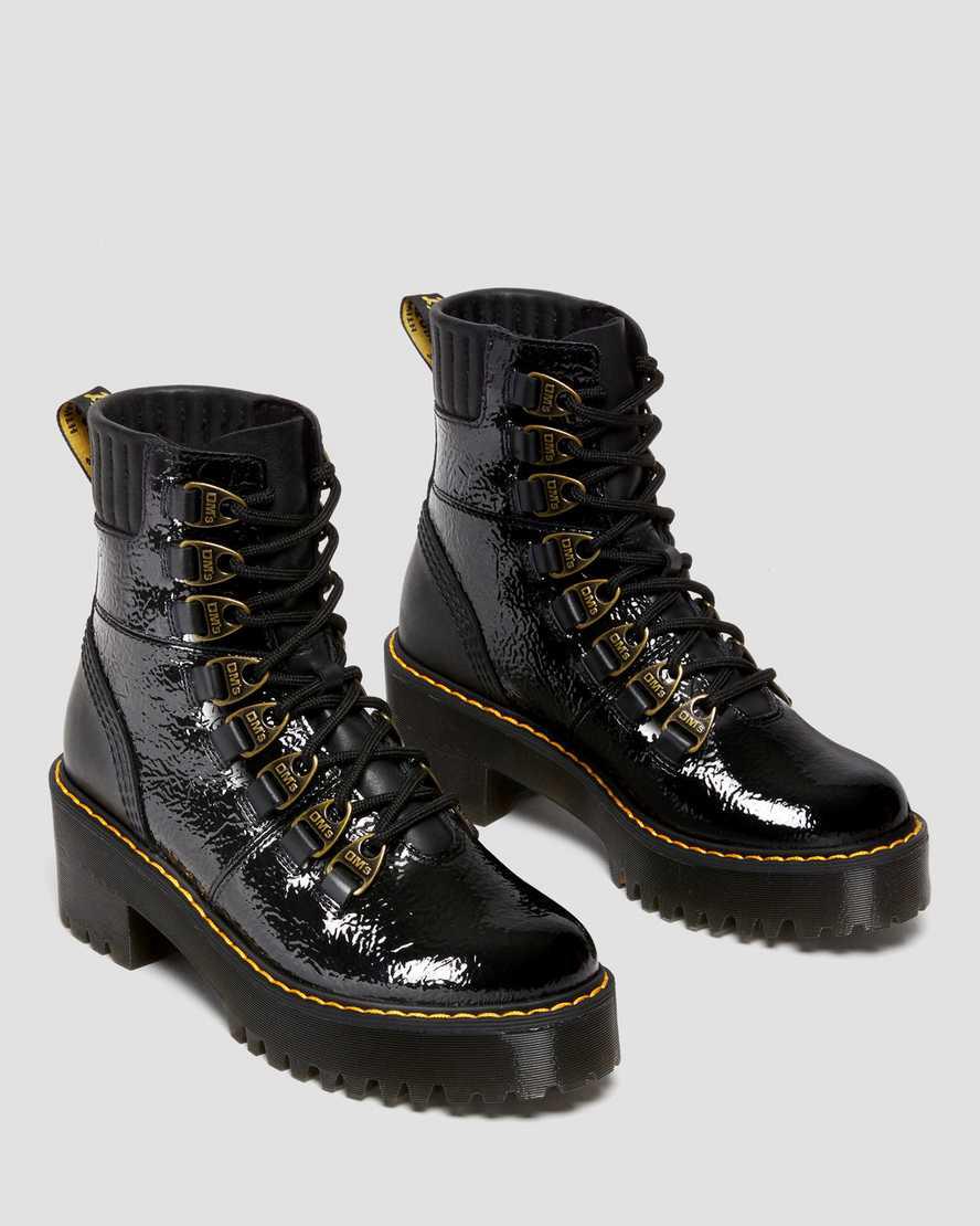 Botas de Tacon Dr Martens Laurenne Distressed Patent Leather Lace Up Mujer Negras  España |  03419-AYBX