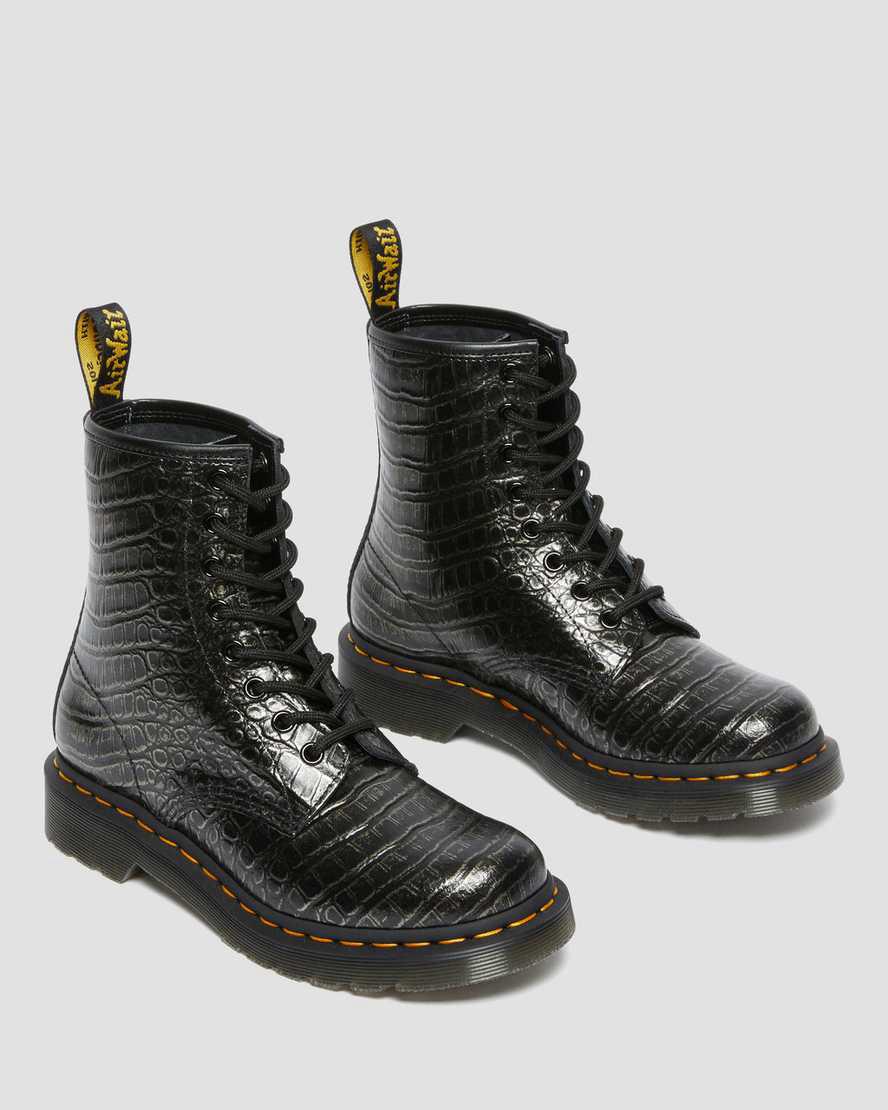 Botines Dr Martens 1460 Croc Emboss Leather Lace Up Mujer Gris  España |  52738-UYWG