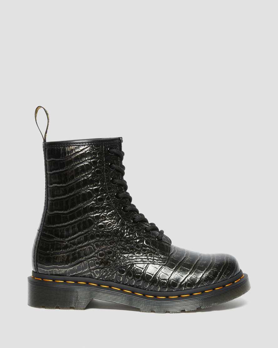 Botines Dr Martens 1460 Croc Emboss Leather Lace Up Mujer Gris  España |  52738-UYWG