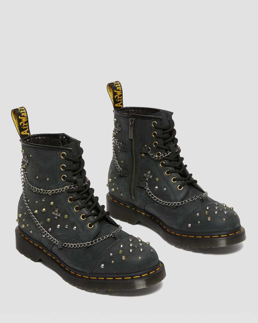 Botines Dr Martens 1460 Studded Chain Leather Lace Up Mujer Negras  España |  59127-OFBL