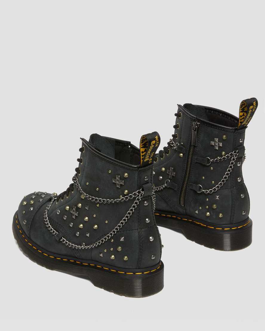 Botines Dr Martens 1460 Studded Chain Leather Lace Up Mujer Negras  España |  59127-OFBL