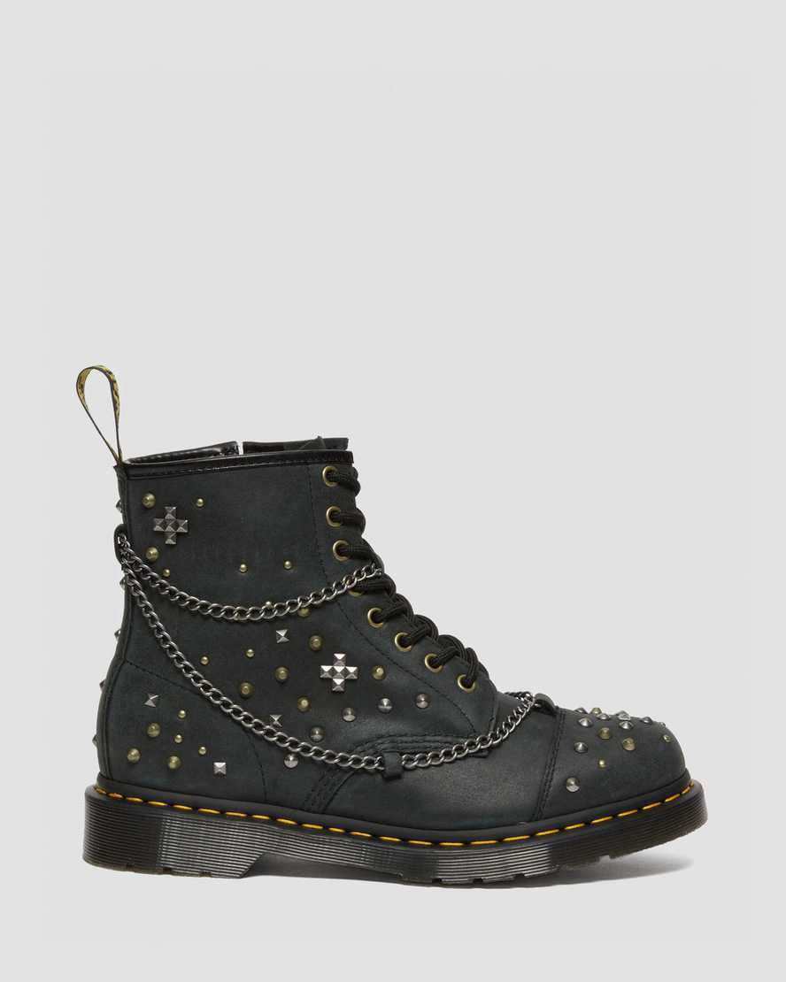 Botines Dr Martens 1460 Studded Chain Leather Lace Up Mujer Negras  España |  59127-OFBL