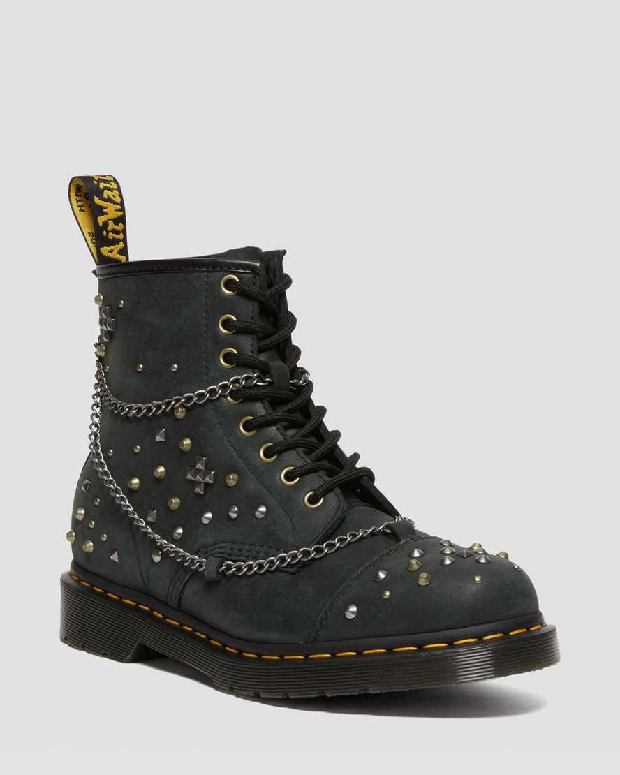 Botines Dr Martens 1460 Studded Chain Leather Lace Up Mujer Negras  España |  59127-OFBL