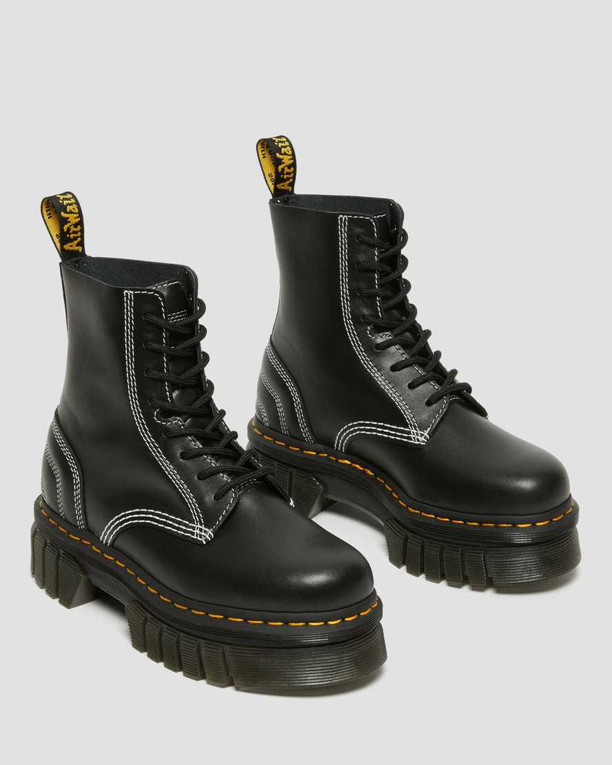 Botines Dr Martens Audrick White Stitch Leather Platform Lace Up Mujer Negras  España |  30456-SPOZ