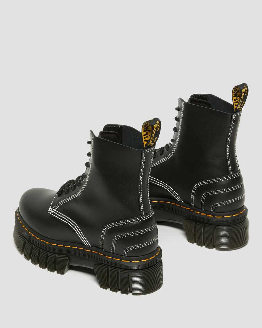 Botines Dr Martens Audrick White Stitch Leather Platform Lace Up Mujer Negras  España |  30456-SPOZ