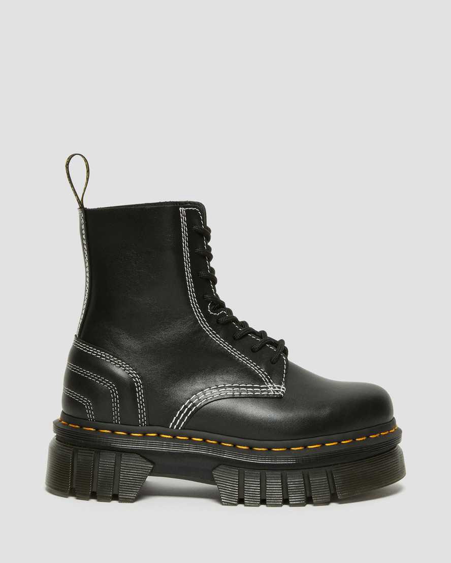 Botines Dr Martens Audrick White Stitch Leather Platform Lace Up Mujer Negras  España |  30456-SPOZ