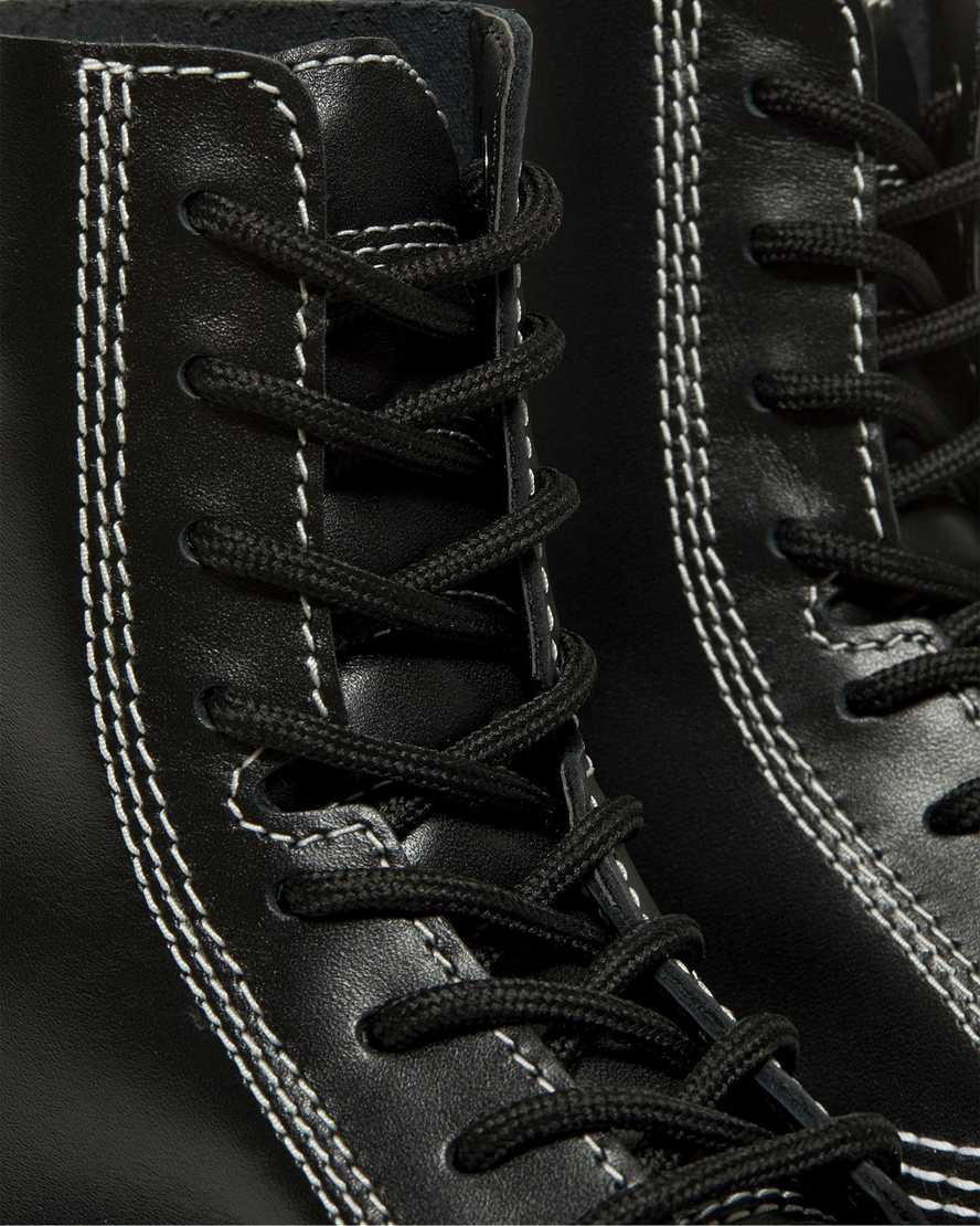 Botines Dr Martens Audrick White Stitch Leather Platform Lace Up Mujer Negras  España |  30456-SPOZ