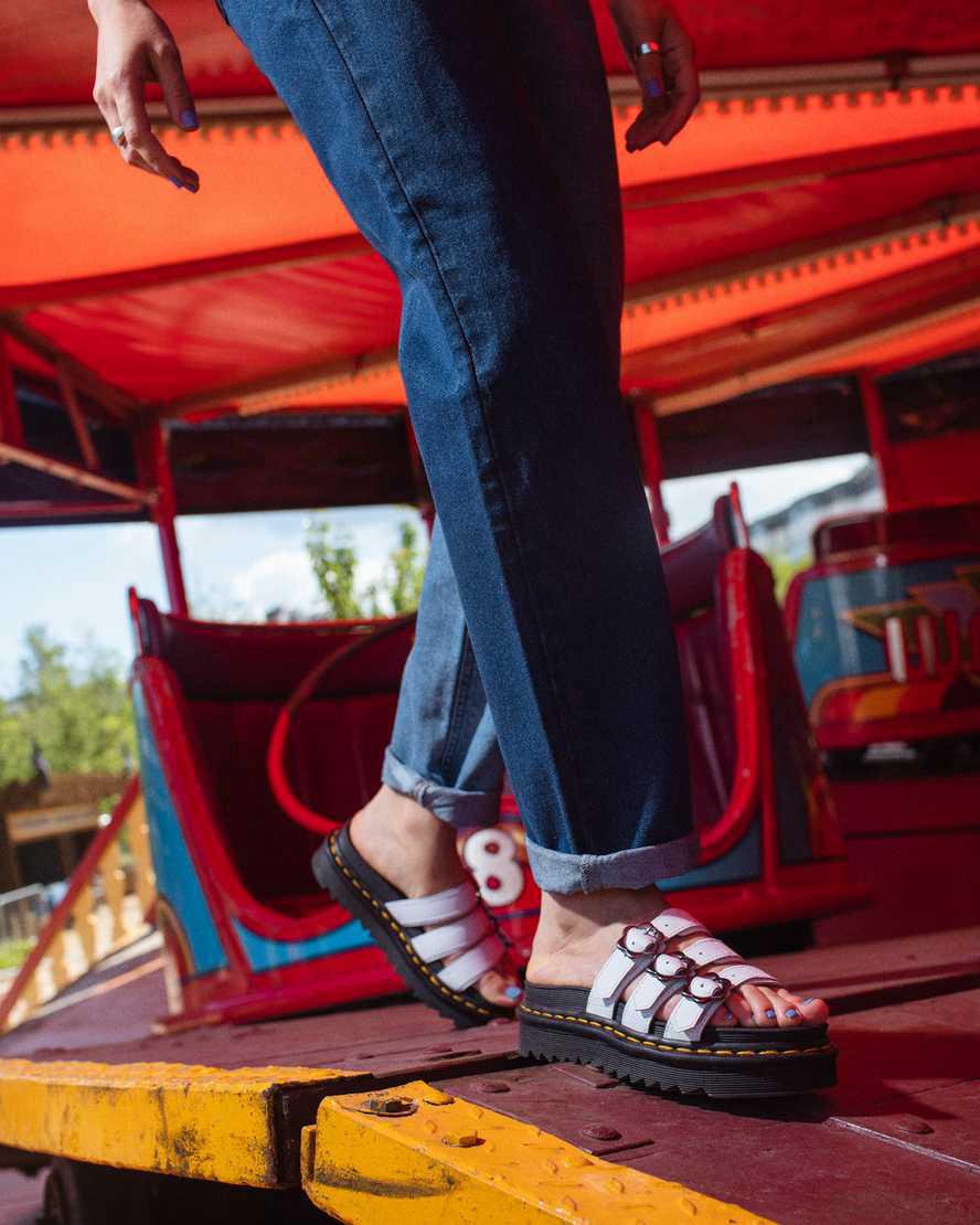 Sandalias de Plataforma Dr Martens Blaire Flower Buckle Leather Slide Mujer Blancas  España |  14836-GROE