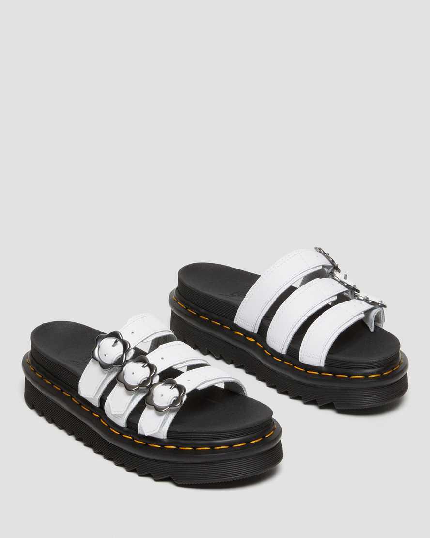 Sandalias de Plataforma Dr Martens Blaire Flower Buckle Leather Slide Mujer Blancas  España |  14836-GROE