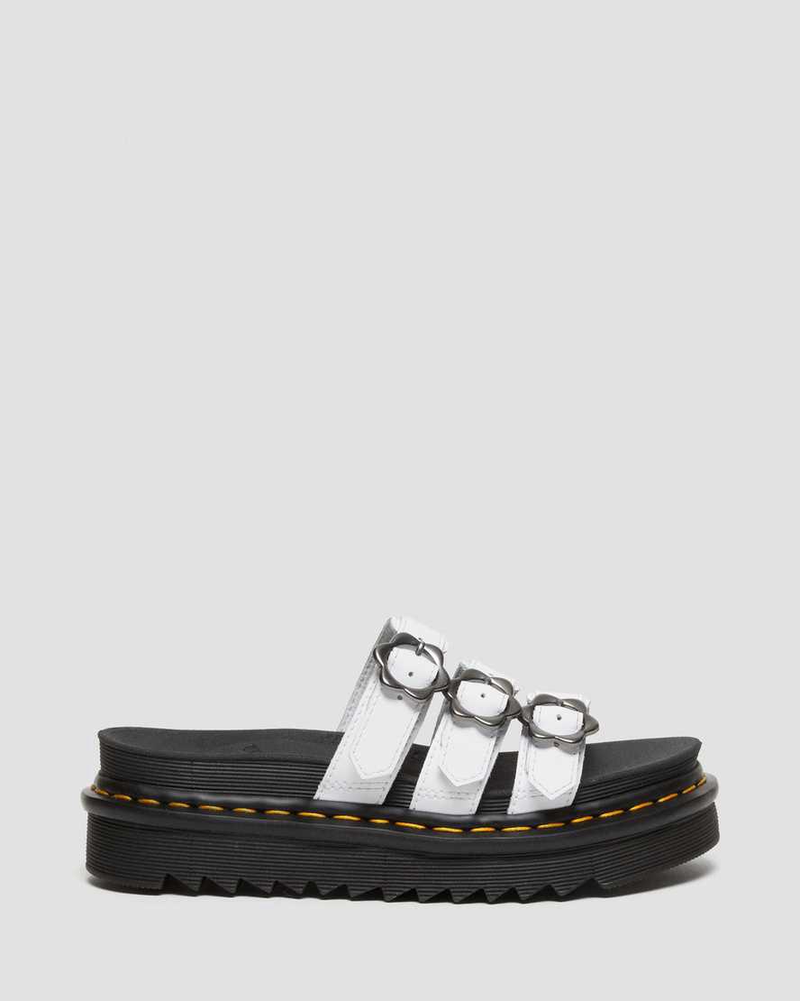Sandalias de Plataforma Dr Martens Blaire Flower Buckle Leather Slide Mujer Blancas  España |  14836-GROE