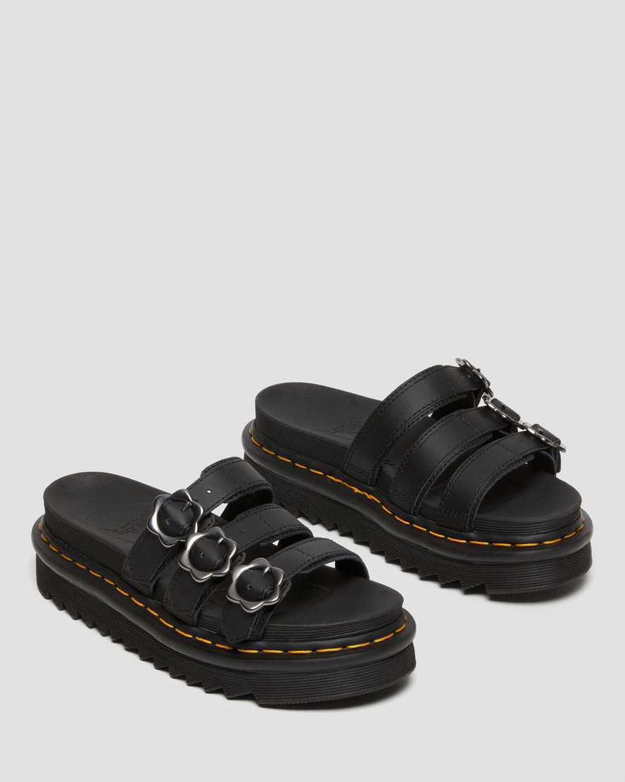 Sandalias de Plataforma Dr Martens Blaire Flower Buckle Leather Slide Mujer Negras  España |  95342-WHNY