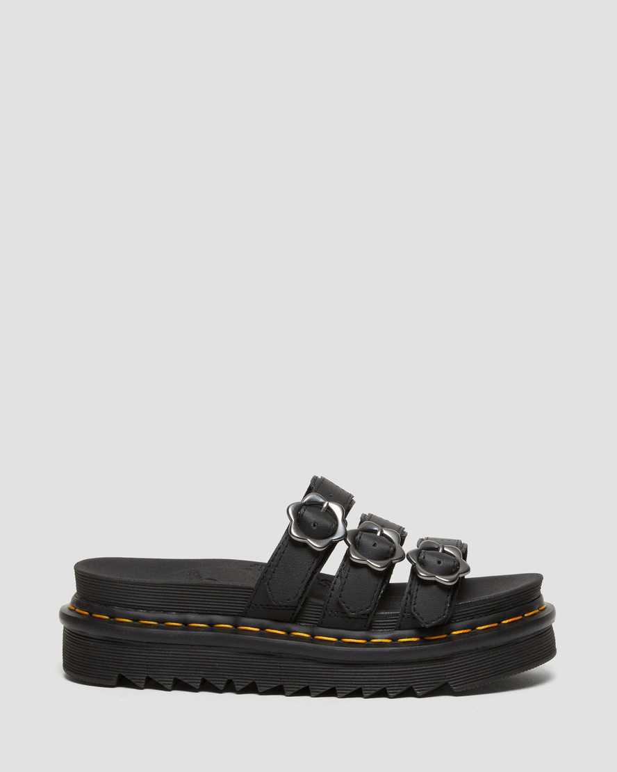 Sandalias de Plataforma Dr Martens Blaire Flower Buckle Leather Slide Mujer Negras  España |  95342-WHNY