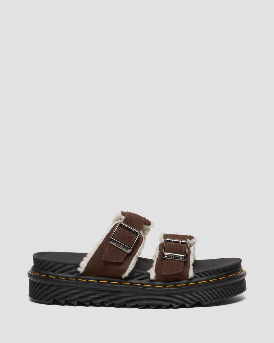 Sandalias de Plataforma Dr Martens Myles Suede Fur-Lined Buckle Slide Mujer Marrones Oscuro  España |  60315-NBZX