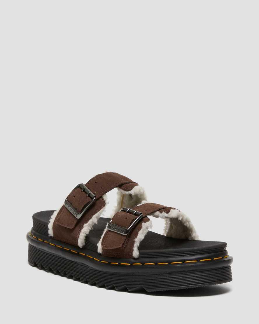 Sandalias de Plataforma Dr Martens Myles Suede Fur-Lined Buckle Slide Mujer Marrones Oscuro  España |  60315-NBZX