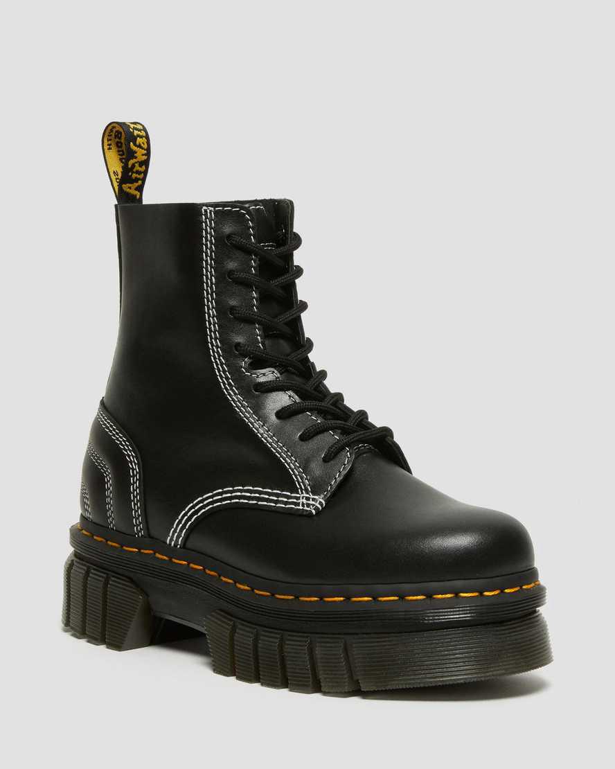 Botas Plataforma Dr Martens Audrick White Stitch Leather Lace Up Hombre Negras España | 15283-DBAZ
