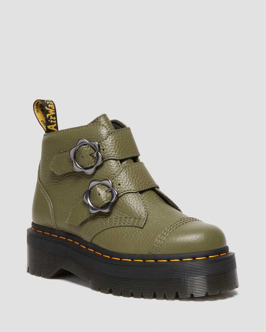Botas Plataforma Dr Martens Devon Flower Buckle Leather Mujer Kaki Verde España | 04916-ETMV