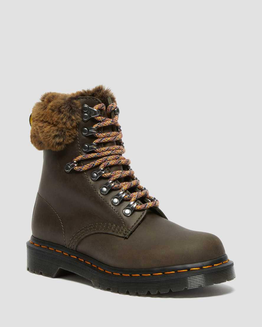 Botas de Invierno Dr Martens 1460 Serena Collar Faux Fur Lined Lace Up Mujer Gris España | 92603-JSQK