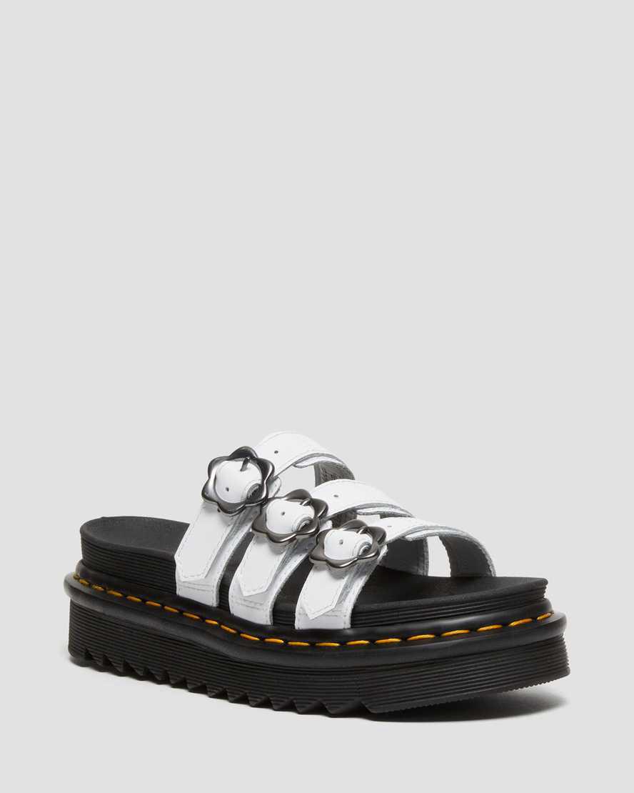 Sandalias de Plataforma Dr Martens Blaire Flower Buckle Leather Slide Mujer Blancas España | 14836-GROE