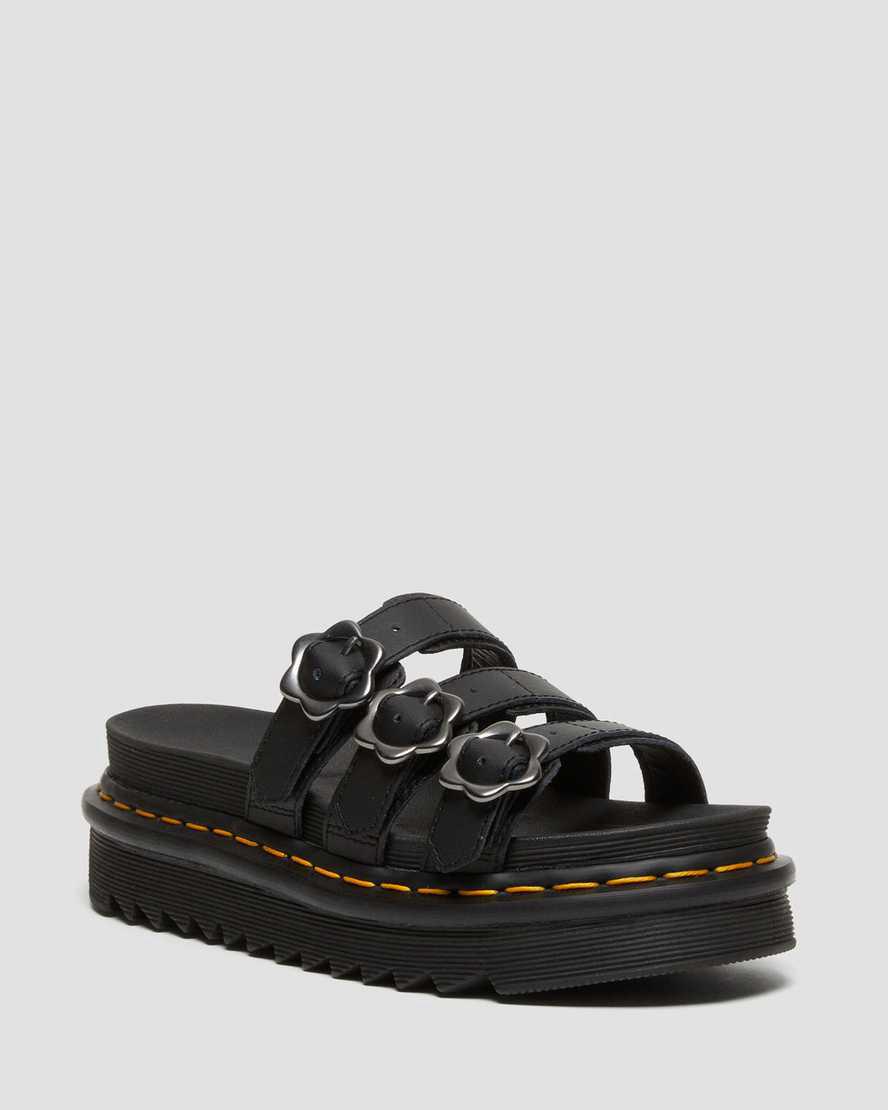 Sandalias de Plataforma Dr Martens Blaire Flower Buckle Leather Slide Mujer Negras España | 95342-WHNY
