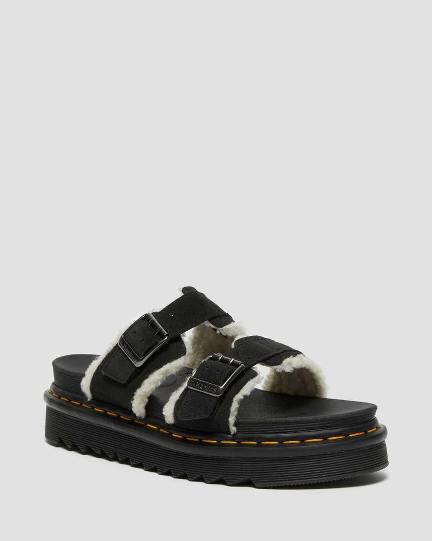 Sandalias de Plataforma Dr Martens Myles Suede Fur-Lined Buckle Slide Mujer Negras España | 78913-CLNV