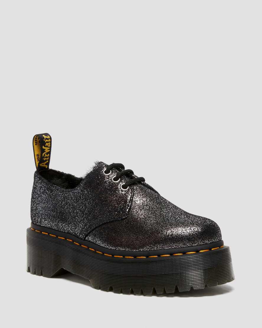 Zapatos Plataforma Dr Martens 1461 Faux Fur-Lined Metallic Leather Mujer Negras España | 35742-YWPG